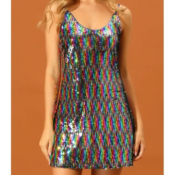 Allegra K Dresses & Skirts - Allegra K Womens XXXL Rainbow Sequin Mini Dress Adjustable Strap‎  Glam Party
